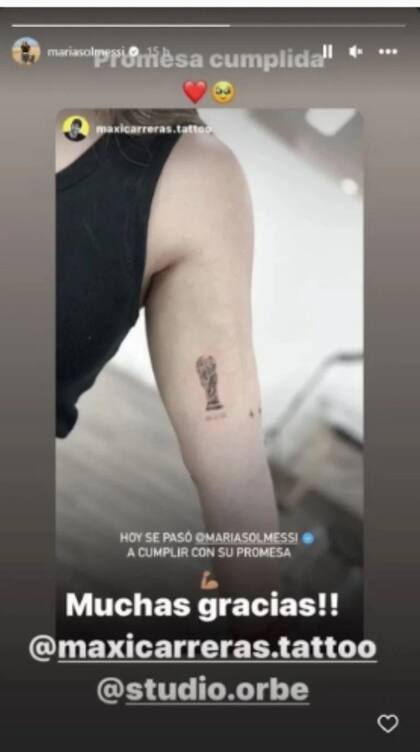 El tatuaje de María Sol Messi tras la obtención de la Copa del Mundo por parte de la selección que capitaneaba su hermano Lionel Messi