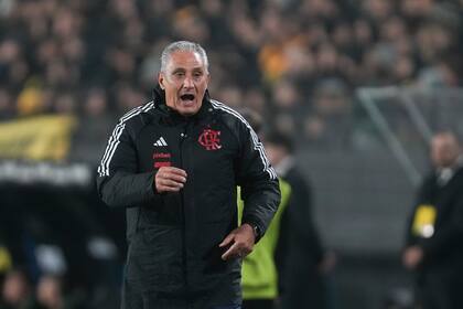 El técnico de Flamengo Tite durante el partido contra Peñarol de Uruguay en los cuartos de final de la Copa Libertadores, el jueves 26 de septiembre de 2024, en Montevideo. (AP Foto/Matilde Campodónico)