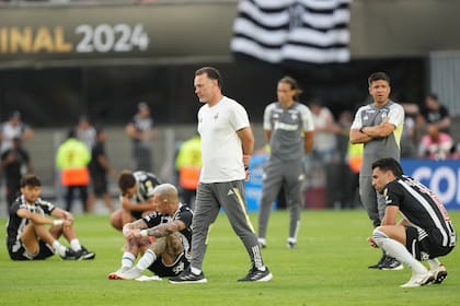 El técnico Gabriel Milito del Atlético Mineiro, en el centro, y sus jugadores se lamentan tras la derrota en la final de la Copa Libertadores ante Botafogo en el estadio Monumental de Buenos Aires, Argentina, Sábado 30 Noviembre, 2024. (AP Foto/Gustavo Garello)