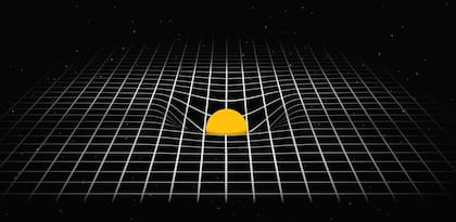 El tejido (cuadriculado blanco) que representa al espacio-tiempo deformado por una bola (en amarillo) que representa un astro como el Sol
