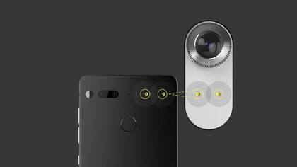 El teléfono Essential tiene conectores magnéticos para sumar módulos, como una cámara 360; también cuenta con una cámara dual trasera