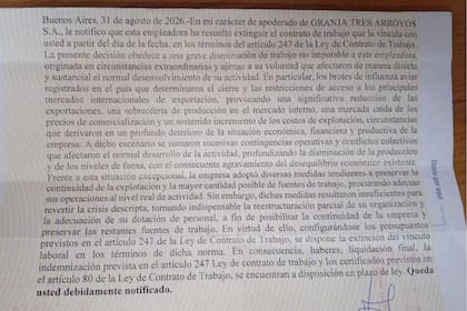 El telegrama de despido que le llegó a los trabajadores