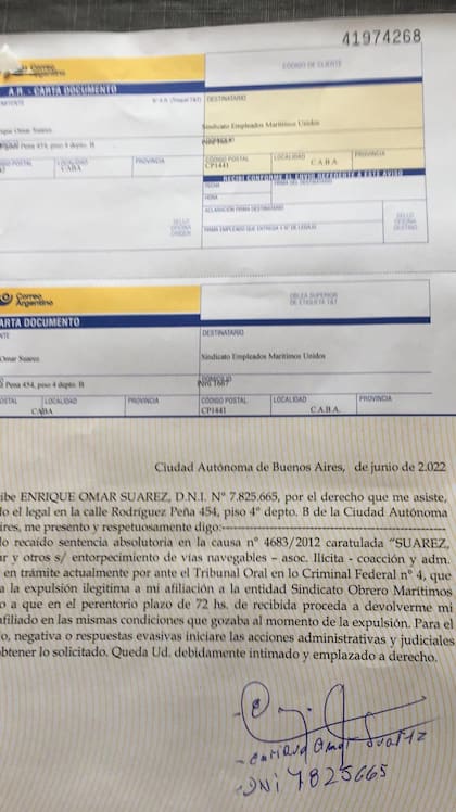 El telegrama que envió Omar Caballo Suárez al SOMU para que sea reafliado después de haber sido absuelto por la Justicia