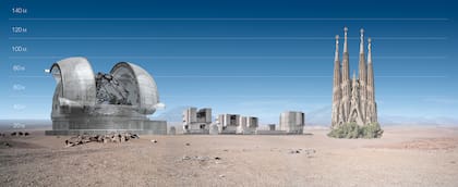El telescopio ELT comparado junto al VLT y a la basílica de la Sagrada Familia