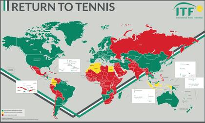 El tenis recreativo en el mundo: en verde, los países en los que se puede jugar con restricciones; en amarillo, los que planean el regreso, y en rojo, los que aún tienen vedada la actividad