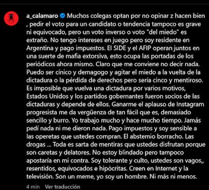 El texto compartido por Andrés Calamaro en sus redes