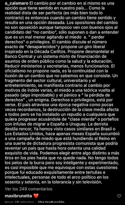 El texto compartido por Andrés Calamaro en sus redes, que luego fue borrado
