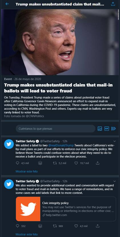 El texto de contexto que Twitter generó sobre el tuit de Donald Trump