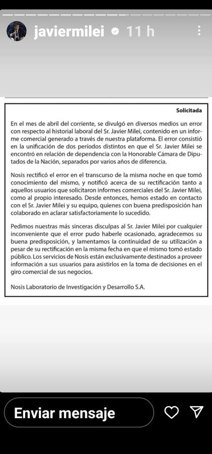 El texto de Nosis difundido por Javier Milei en Instagram