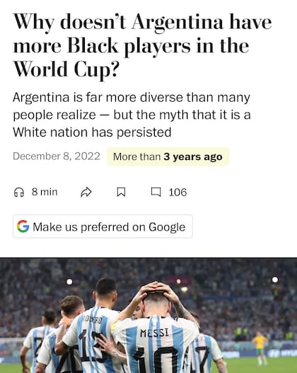 El texto del artículo “¿Por qué la Argentina no tiene más jugadores negros en el Mundial?”, del Washington Post, luego fue corregido