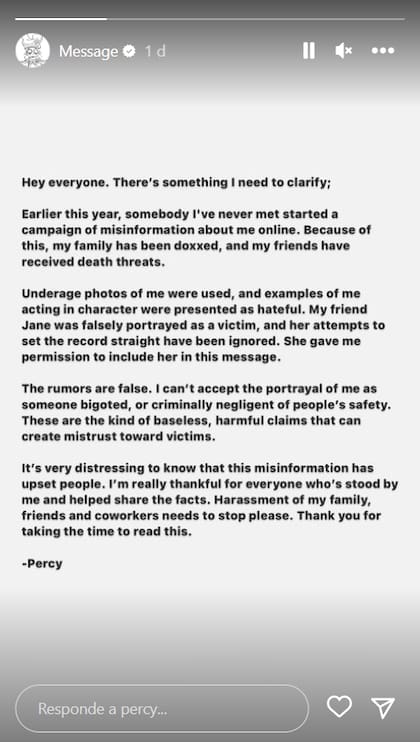 El texto que el actor dio a conocer en sus redes sociales tras las acusaciones (Foto: Captura Instagram/@percy)