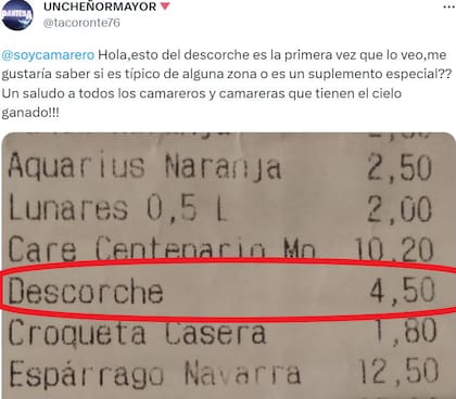 El ticket de la discordia: un cliente mostró cómo le cobraban el "descorche" de un vino