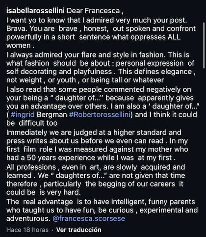 El tierno mensaje de apoyo que Isabella Rossellini publicó en sus redes sociales a favor de Francesca Scorsese