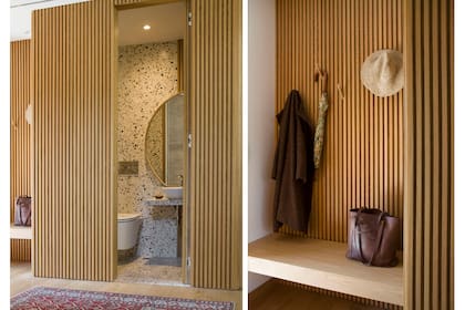 “El toilette llevó mucho trabajo para compaginar tantos elementos pesados”, cuentan los arquitectos. El resultado es genial: paneles varillados (Moras Puertas), estante, piso y paredes de terrazo (Pimux), espejo con marco de metal revestido en madera (diseño de SCK Arquitectos realizado por José Moffa).