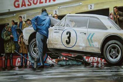 “El Torino en los boxes”. El Torino 3 que brilló en las 84 horas de Nürburgring de 1969. Acrílico sobre bastidor de tela (90 x 50 centímetros).