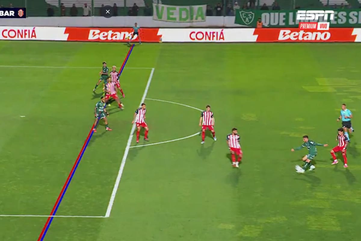 El trazado de líneas del VAR en el gol anulado a Marabel: toman el hombro del delantero pero pasa por encima del pie de Demartini, el defensor de Barracas que lo habilitaba