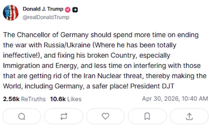El truth de Trump con críticas a Merz
