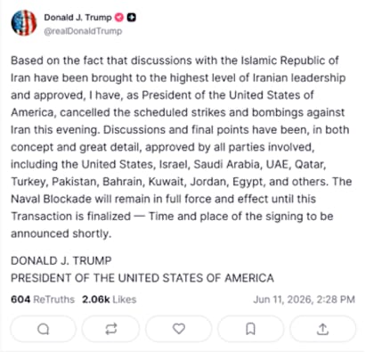 El truth social de Trump que anuncia la cancelación de los ataques a Irán