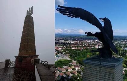 El tryzub, tridente tradicional ucraniano (izquierda), que reemplazó al turul, símbolo húngaro en Mukachevo, Ucrania