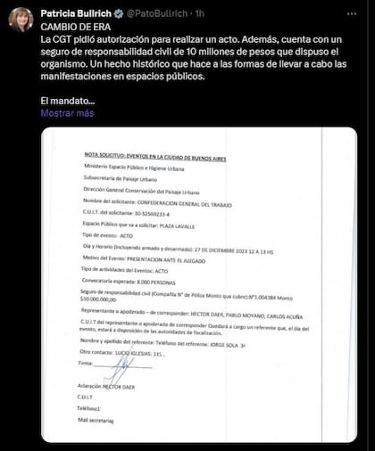 El posteo compartido por Bullrich que luego eliminó