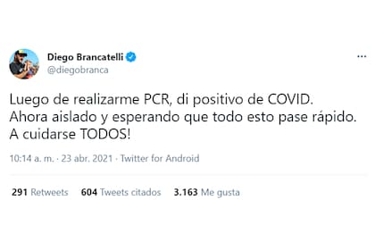 El tuit con el que Diego Brancatelli informó que había dado positivo de Covid-19