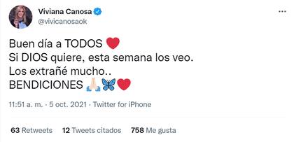 El tuit con el que la conductora de "Viviana con Vos" reapareció tras varios días de ausencia