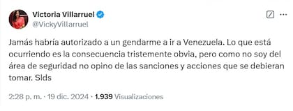 El tuit contra Bullrich que Villarruel borró de su cuenta