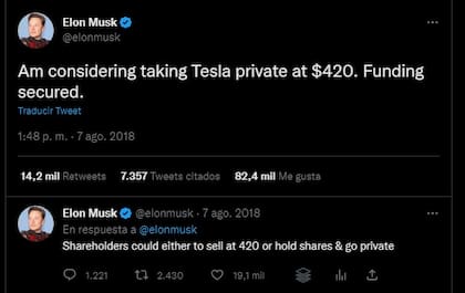 El tuit de 2018 en el que Elon Musk decía tener el dinero para comprar las acciones de Tesla y evitar que cotizara en la bolsa