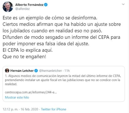 El tuit de Alberto Fernández