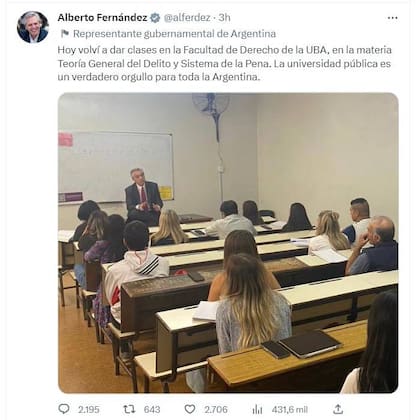 El tuit de Alberto Fernández en su regreso a las clases en la UBA provocó la reacción de Eduardo Feinmann
