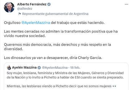 El tuit de Alberto Fernández hacia Ayelén Mazzina