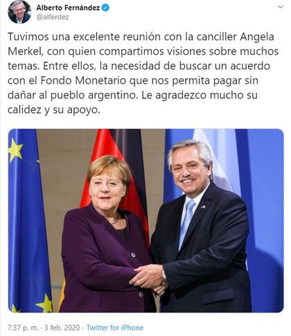 El tuit de Alberto Fernández luego de su encuentro con Ángela Merkel