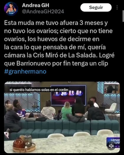 El tuit de Andrea en contra de Luciana (Foto: Captura X)