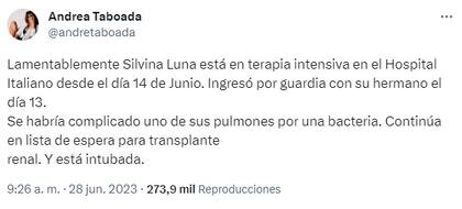 El tuit de Andrea Taboada sobre la situación que atraviesa Silvina Luna