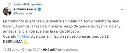 El tuit de Antonio Aracre que Milei compartió