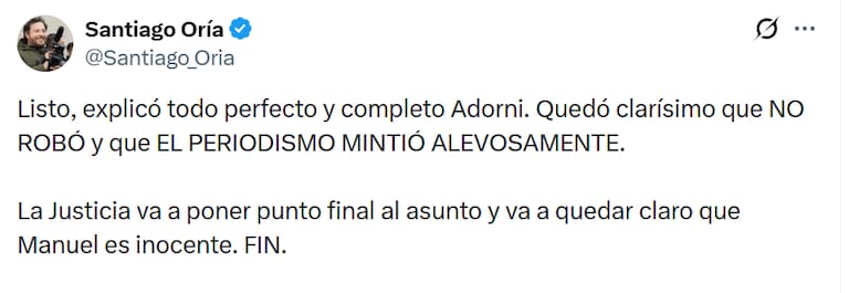 El tuit de apoyo a Adorni de Santiago Oría