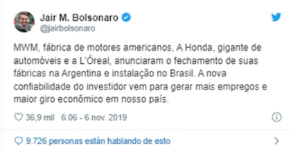 El tuit de Bolsonaro con el anuncio que luego borró