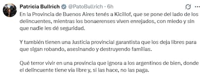 El tuit de Bullrich donde hizo un tiro por elevación sobre el fallo de Pascual