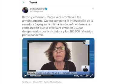 El tuit de Cristina Kirchner que halagó la exposición de la senadora Silvia Sapag