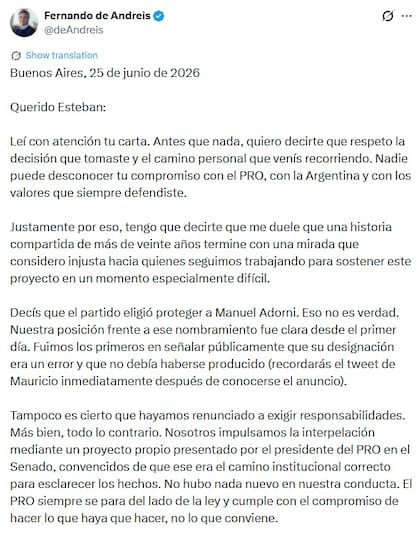 El tuit de De Andreis