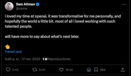 El tuit de despedida de Sam Altman, el cofundador de OpenAI, la empresa detrás de ChatGPT
