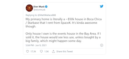El tuit de Elon Musk en el que contó que su única propiedad era una casa valuada en US$50.000