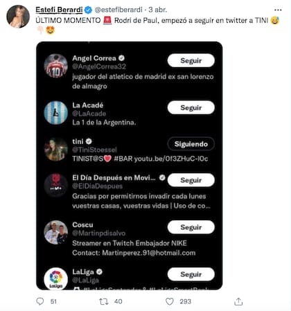 El tuit de Estefanía Berardi que confirma que De Paul comenzó a seguir a Tini Stoessel en Twitter