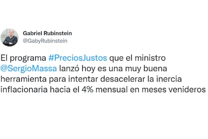 El tuit de Gabriel Rubinstein sobre Precios Justos