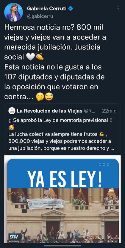 El tuit de Gabriela Cerruti que luego borró sobre la ley aprobada y la chicana a la oposición