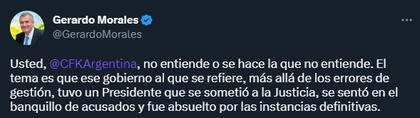 El tuit de Gerardo Morales que le responde a Cristina