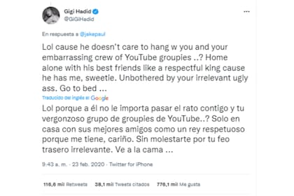 El tuit de Gigi Hadid sobre el conflicto entre Jake Paul y Zayn Malik (Foto: Twitter @GiGiHadid)