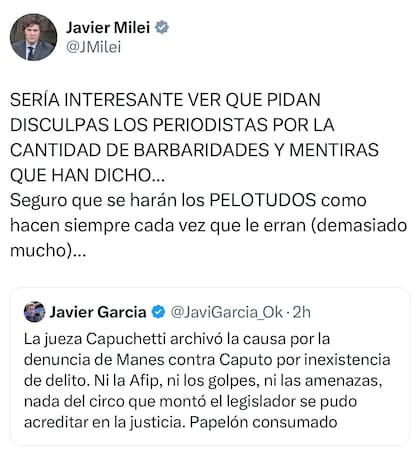 El tuit de Javier Milei sobre el fallo de la jueza María Eugenia Capuchetti
