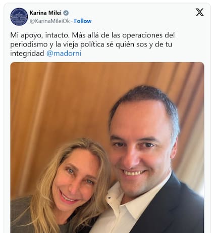 El tuit de Karina Milei de apoyo a Adorni después de la primera conferencia de prensa en la que habló sobre sus bienes