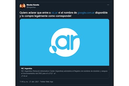 El tuit de Kuroña explicando lo sucedido con google.com.ar
